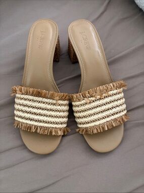 J. Crew Tan and Cream Raffia-Trim Slide Sandals
